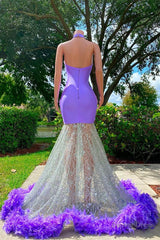 Mermaid High Neck Floor-length Sleeveless Open Back Appliques Lace Beaded Prom Dress With Feather