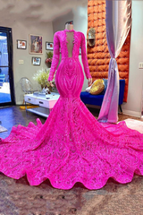 Mermaid High Neck Sequined Floor-length Long Sleeve Appliques Lace Prom Dresses