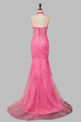 Mermaid Hot Pink Halter Appliques Long Prom Dresses with Slit