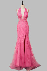 Mermaid Hot Pink Halter Appliques Long Prom Dresses with Slit