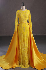 Mermaid Jewel Lace Sequined Floor-length Long Sleeve Detachable Train Elegant Prom Dresses