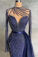 Mermaid Jewel With Side Train Floor-length Long Sleeve Beading Sequined Lace With Side Train Prom Dresses