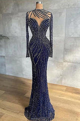 Mermaid Jewel With Side Train Floor-length Long Sleeve Beading Sequined Lace With Side Train Prom Dresses