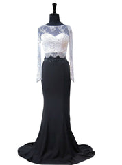 Mermaid Lace Long Sleeve Black And White Two Piece Prom Dresses