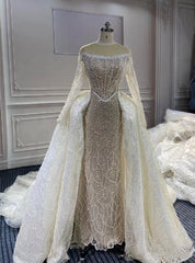 Mermaid Lace Tulle Long Sleeve Beading Wedding Dresses Detachable Train