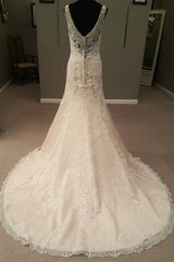 Mermaid Long Champagne Bridal Dresses with Lace,Dream Wedding Gown