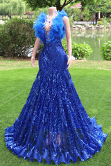 Mermaid Long baile vestidos de lantejoulas de lantejoulas royal blue noite vestidos de penas sem mangas