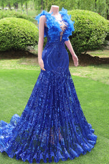 Mermaid Long baile vestidos de lantejoulas de lantejoulas royal blue noite vestidos de penas sem mangas