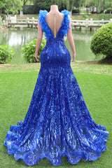 Mermaid Long baile vestidos de lantejoulas de lantejoulas royal blue noite vestidos de penas sem mangas