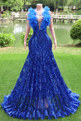 Mermaid Long baile vestidos de lantejoulas de lantejoulas royal blue noite vestidos de penas sem mangas