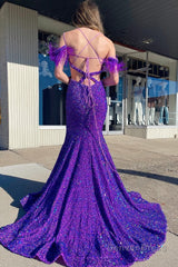 Mermaid Off the Shoulder Purple Sequins Cut Out Prom Dress with Feathers