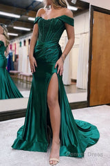 Mermaid Off the Shoulder Satin Prom Dress with Slit