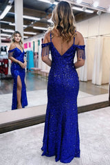 Mermaid Off the Shoulder Sequins Prom Dresses with Fringe