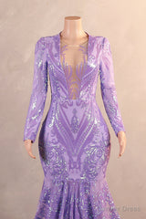 Mermaid Prom Dresses High Neck Long Sleeve Purple Sparkly Sequin Mermaid Long Evening Dresses