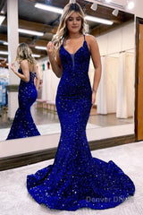 Mermaid Royal Blue Spaghetti Straps Sequins Long Prom Dress