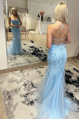 Mermaid Scoop Appliqued Prom Dresses with Lace up Back