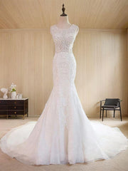 Mermaid Scoop Appliques Lace Sweep Train Tulle Wedding Dresses