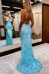 mermaid spaghetti straps blue sequins backless long prom dress