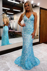 mermaid spaghetti straps blue sequins backless long prom dress