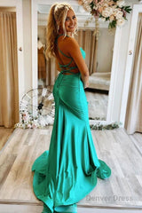 Mermaid Spaghetti Straps Green Long Prom Dress with Criss Cross Back