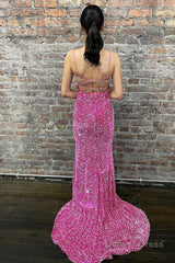 Mermaid Spaghetti Straps Hot Pink Backless Long Prom Dress