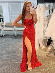 Mermaid Spaghetti Straps Long Sequins Prom Dress