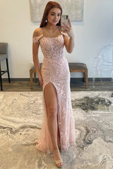 Mermaid Spaghetti Straps Sequined Lace Prom Dresses with Slit