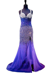 Mermaid Sweetheart Beaded Crystals Backless High Slit Dark Purple Prom Dresses