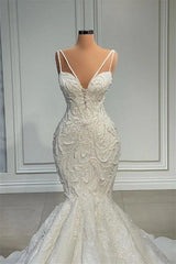 Mermaid Sweetheart Spaghetti strap Lace Floor-length Sleeveless Applique Beaded Wedding Dresses