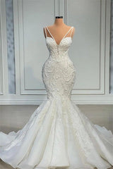 Mermaid Sweetheart Spaghetti strap Lace Floor-length Sleeveless Applique Beaded Wedding Dresses