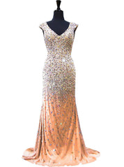 Mermaid V-neck Beaded Crystals Floor Length Champagne Prom Dresses