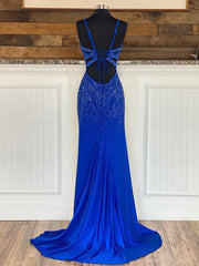 Mermaid V Neck Beaded Jersey Prom Dresses with Slit