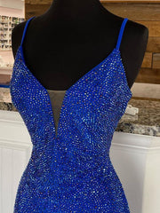 Mermaid V Neck Beaded Jersey Prom Dresses with Slit