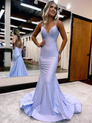 Mermaid V Neck Beaded Jersey Prom Dresses