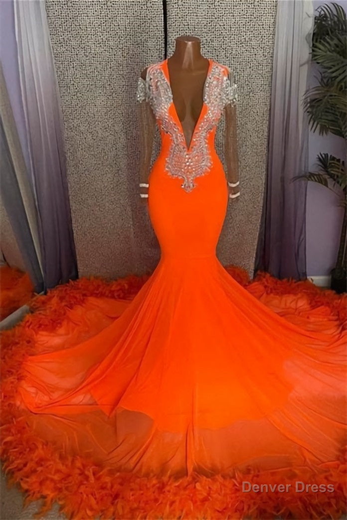 Mermaid V-neck Beaded Sequined Floor-length Long Sleeves With Feather Prom Dress