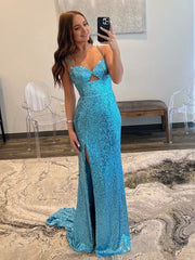 Mermaid V Neck Cutout Blue Long Prom Dresses