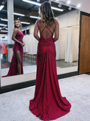 Mermaid V Neck Glitter Jersey Long Prom Dresses with Slit