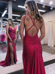 Mermaid V Neck Glitter Jersey Long Prom Dresses with Slit