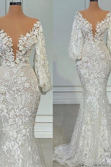 Mermaid V-neck Lace Floor-length Long Sleeve Applique Beaded Wedding Dresses