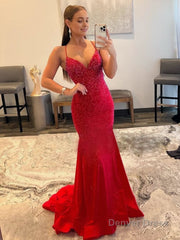 Mermaid V Neck Red Glitter Satin Prom Dress