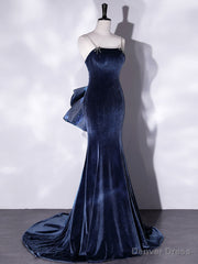 Mermaid Velvet Blue Long Prom Dresses, Blue Velvet Long Evening Dress