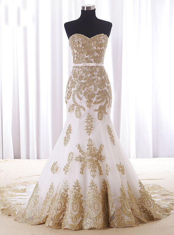 Mermaid White Tulle Gold Lace Sweetheart Wedding Dress