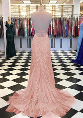 Mermiad Blush Spaghetti Straps Prom Dress with Appliques