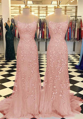 Mermiad Blush Spaghetti Straps Prom Dress with Appliques