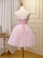 Mini/Short Pink Prom Dresses, Cute Pink Homecoming Dresses with Beading Applique