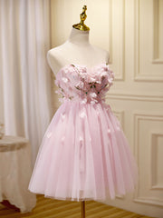 Mini/Short Pink Prom Dresses, Cute Pink Homecoming Dresses with Beading Applique