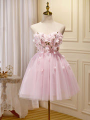 Mini/Short Pink Prom Dresses, Cute Pink Homecoming Dresses with Beading Applique