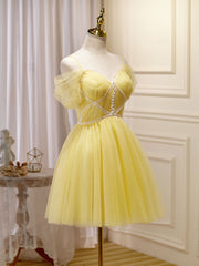 Mini/Short Yellow Prom Dresses, Yellow Cute Homecoming Dresses With Beading Lace