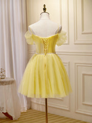 Mini/Short Yellow Prom Dresses, Yellow Cute Homecoming Dresses With Beading Lace