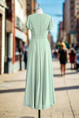 Mint Green Sheath Floor Length Short Sleeves V-Neck Chiffon Bridesmaid Dresses